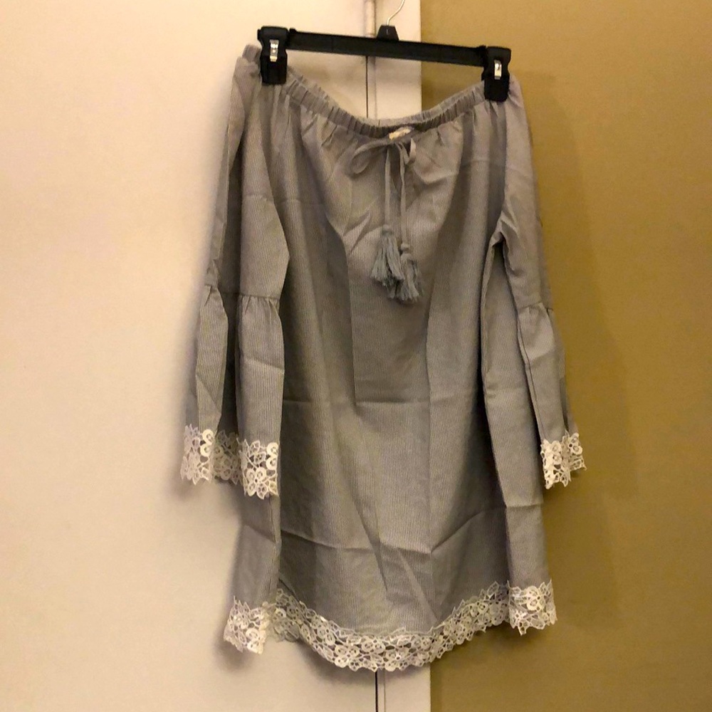 Crescent blue and white striped off the shoulder dress with lace trim